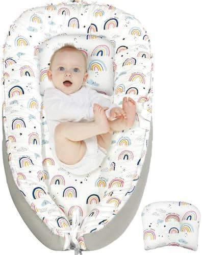 JIFTOK Baby Nests Lounger for Newborn, Snuggle Sleeping Bassinet for 0-24M, Breathable Portable Co Sleeping Bed, Baby Essentials Adjustable Infant Soft Cotton Loungers for Home & Travel -Rainbow Size 90*50cm