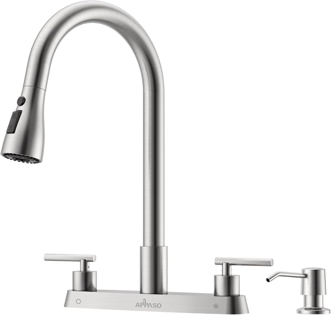 APPASO 2 Handle Kitchen Faucet with Sprayer, 4-Hole Kitchen Faucet with Pull Down Sprayer and Soap Dispenser, High Arc Stainless for 3 & 4 Hole RV Outdoor Sink, Brushed Nickel