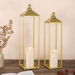 22'' 19'' Large Lanterns Decorative Outdoor Indoor, Set of 2 Gold Metal Candle Lantern Modern Farmhouse Floor Lanterns Decorative for Mantle, Patio, Porch, Garden, Home Decor