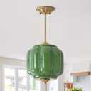 Green Milk Glass Pendant Light Chandelier with Antique Brass Finish, 10.24inch Vintage Semi Flush Mount Ceiling Light, Mid Century Modern Schoolhouse Ceiling Light Fixture for Kitchen Bedroom Hallway