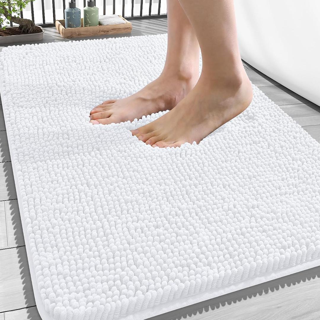 OLANLY Bathroom Rugs 34x21, Extra Soft Absorbent Chenille Bath Rugs, Rubber Backing Quick Dry, Machine Washable Bath Mats for Bathroom Floor, Tub and Shower, Home Decor Accessories, White