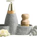 Hand Soap Dispenser for Kitchen Ceramic Soap Dispenser Set Refillable Bathroom Dish Soap Bottle with Brush for Shower Gel, Hand Soap, Shampoo, Gray