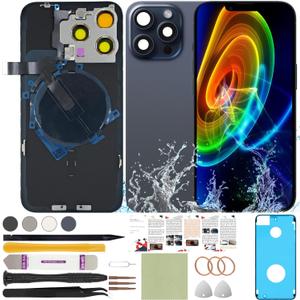 Back Glass Replacement Compatible with iPhone 15 Pro Max All Carriers 6.7" + Pre-Installed Plate + Wireless Charging Coil Flex Cable + Microphone + Flashlight + Camera Frame (Blue)