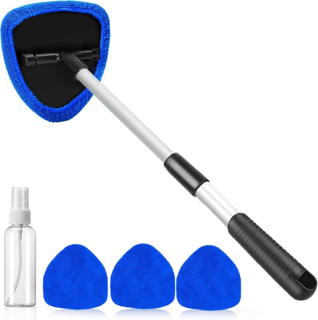 desin Windshield Cleaning Tool, Car Window Cleaner Windshield Cleaner with 4 Reusable and Washable Microfiber Pads and Extendable Handle Auto Inside Glass Wiper Kit (Dark Blue)