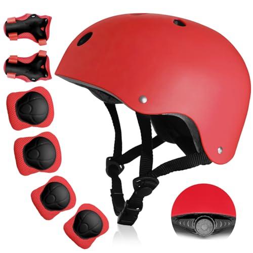 Kids Bike Helmet, Toddler Helmet for Kids Ages 3-5-8, Skateboard Helmet with Knee Elbow Wrist Pads for Boys Girls, Protective Gear Set for Skating Bicycling Roller(Red)