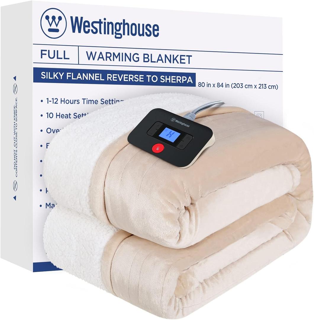 Westinghouse Electric Blanket Full, Heated Blanket Full Size with 10 Heating Levels and 1 to 12 Hours Heating Time Settings, Flannel to Sherpa Reversible, Machine Washable (80" x 84", Beige)