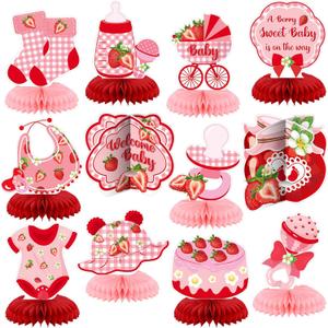 12 Pcs Strawberry Baby Shower Decoration Strawberry Honeycomb Centerpiece a Berry Sweet Baby Is on the Way Table Topper 3D Double Sided Table Decoration for Birthday Baby Shower Party Favors