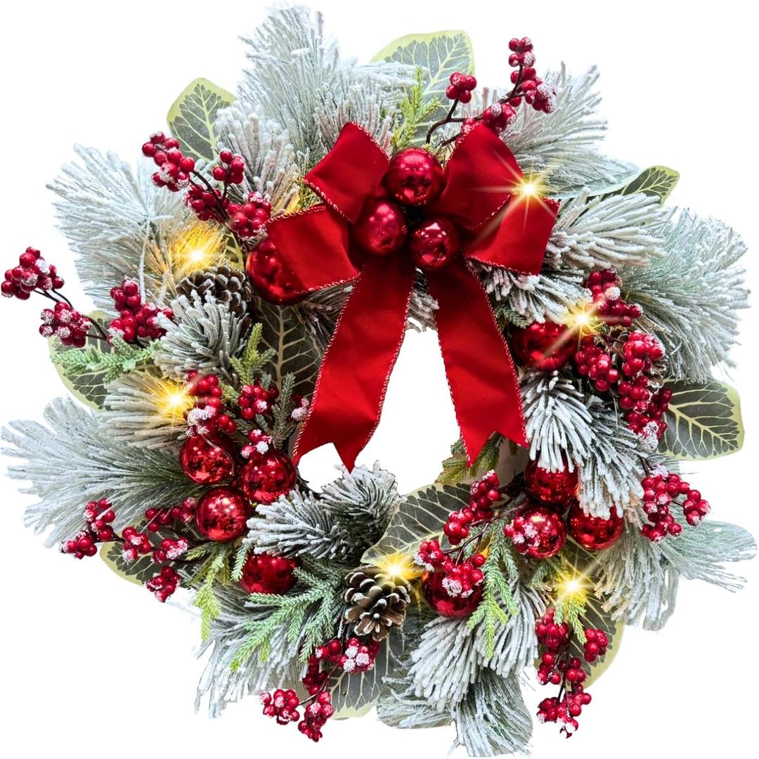Svndlyn 22 Inch Lighted Snow Flocked Christmas Wreath with Red Bow Ball Ornaments PineCones Berries Holiday Hanging Decoration for Door, Wall, Mantel