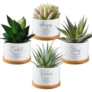 Sieral 4pcs Bible Verse Succulent Pots 3 x 3 x 2 Inch Mini Ceramic Succulent Planters with Bamboo Tray Small Plant Pots Christian Gift for Church Women Men Pastor, Plants Not Included (Classic)