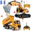 Remote Control Excavator and Dump Truck Toy Set - RC Construction Vehicles Toy with Barricades, Road Signs, Simulated Rocks, Lights and Sounds, Birthday Gifts for Toddlers 3-12 year Boys Girls
