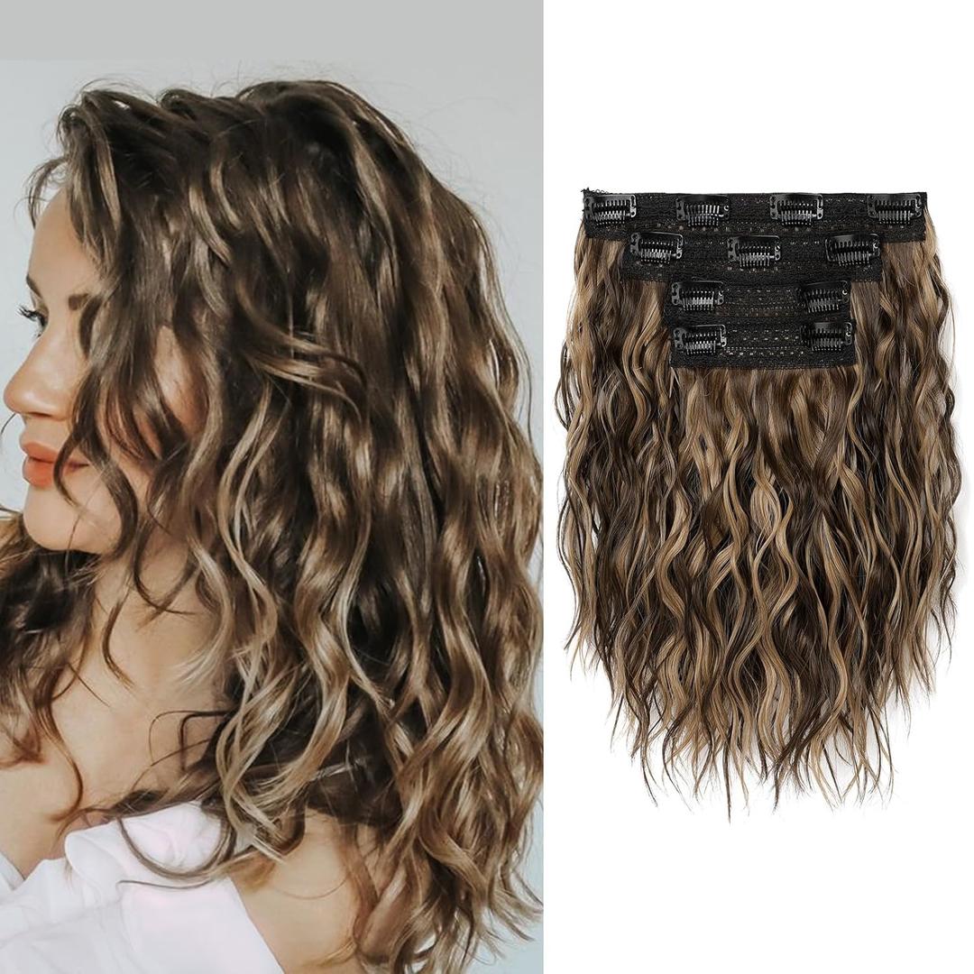 REECHO Clip in Hair Extensions - 4PCS 12" Short Curly Wavy Brown with Highlights