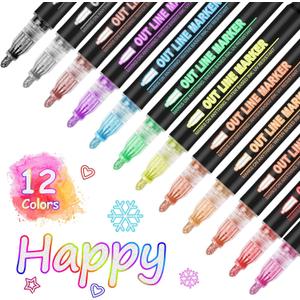 Outline Marker Self-outline Metallic Markers, 12 Colors Squiggles Shimmer Outline Markers Pen Set for Drawing Art School Supplies, Glitter Pen Set for Cards Lettering, Gift for 4-12 Year Old Girl