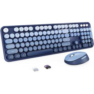 Wireless Keyboard and Mouse Combo, Retro Typewriter Keyboard with Round Keycaps, Full-Size Ergonomic, Blue, Ideal for Windows PC, Home, Office, and College, Wireless Keyboard Mouse Combo
