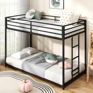 Twin Over Twin Bunk Bed, Metal Low Profile Bunkbeds with Full-Length Protect and Ladder, Space Saving, No Boxing Spring Needed, Black