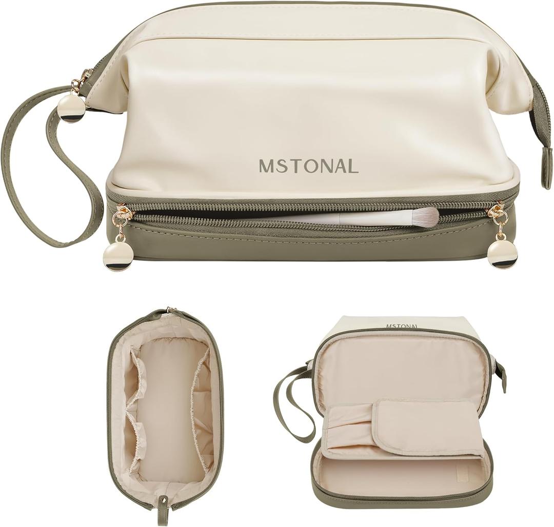 Travel Makeup Bag, Large Capacity Double Layer Cosmetic Bags for Women, Waterproof Portable Make Up Skincare Pouch with Makeup Brush Organizer, Toiletry Bag for Essentials, Beige & Olive Green (Medium)
