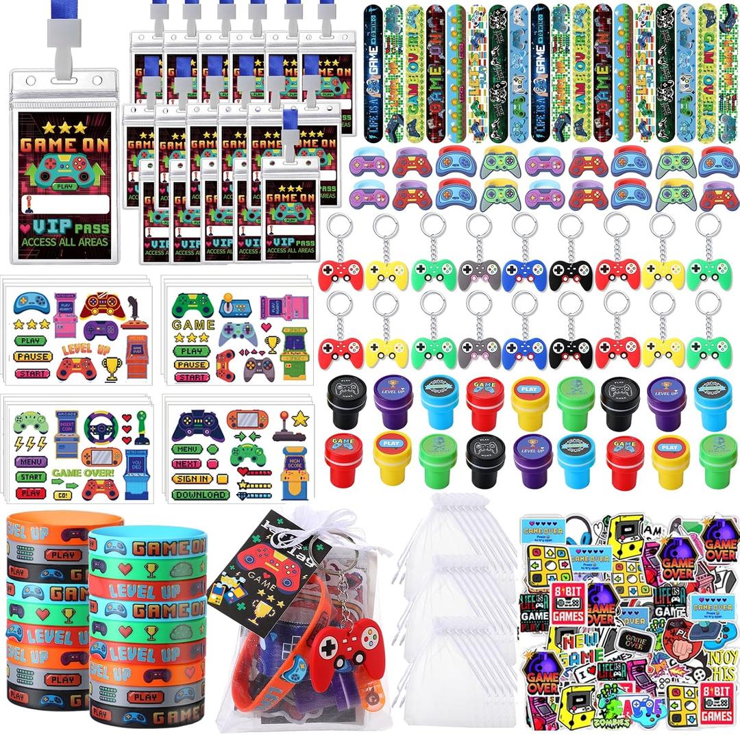 RoundFunny 158 Pcs Video Game Party Favors Birthday Supplies Included Game Console Handle Keychain Ring Wristband Sticker Stamper Pat Bracelet Organza Bag for Gamer Party Gift Bag Gift Rewards