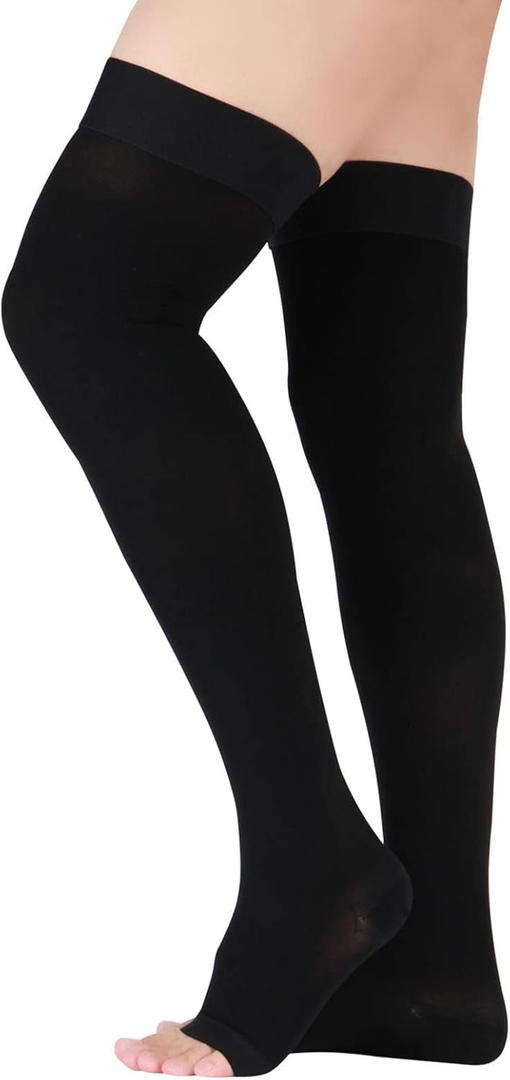 Lin Performance 20-30 mmHg Medical Compression Stockings for Women and Men Thigh High, Dot-Top, Open Toe Socks for Travel Comfort (Black, S)