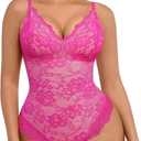 FeelinGirl Shapewear Bodysuits for Women Lace Shapewear Tummy Control V-Neck Sleeveless Bodysuit Tops Jumpsuit (X-Large, Pink)