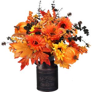 Sggvecsy Artificial Fall Flowers 2 Pcs Floral Arrangement with Metal Pot Fake Floral Stems Autumn Maple Leaves Branches Fall Silk Bouquets with Pumpkins Sunflower for Thanksgiving Home Table Decor