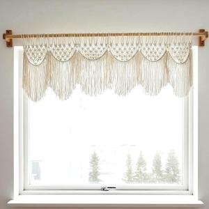 Bohemian Macrame Window Valance, Boho Short Curtain for Window Decoration, Handmade Cotton Fringe Curtain Topper, Window/Door Curtain with Tassels Beige Color 46″x20″ (no Rod Included)