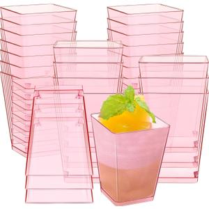 Mifoci 25 Pcs Pink 5 oz Plastic Dessert Cups Appetizer Cups for Parties Mini Square Disposable Dessert Bowls Parfait Bowls for Pudding Fruit Yogurt Ice Cream Mousse