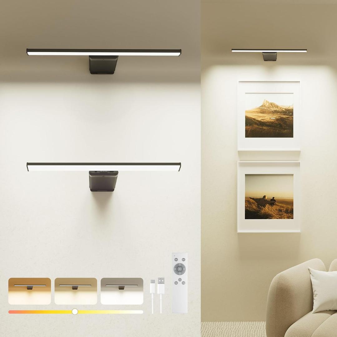 2 Pack Picture Light for Wall Rechargeable Art Light with Remote, 3 Colors & 5 Brightness Levels, 12000mAh Battery Operated Lights for Pictures,Painting,Gallery, Bedroom, Hallway, Frame, Living Room (Black)