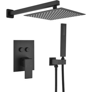 INAGE 10 Inch Shower Faucets Sets, Matte Black Shower System with Push Button Diverter, Shower Fixtures Rain Shower Head and Handheld, Shower Combo Set Rough-in Valve and Trim Kit - IN91165B