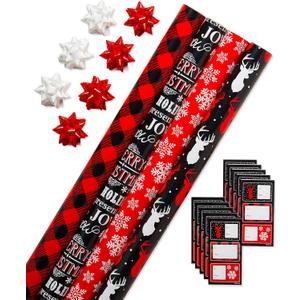 American Greetings Buffalo Plaid Christmas Wrapping Paper Set, Red and Black Holiday Gift Wrap (120 sq. ft., 4 rolls-30 in. x 12 ft., 7 Adhesive Bows, 30 Gift Tag Stickers) Snowflakes and Reindeer