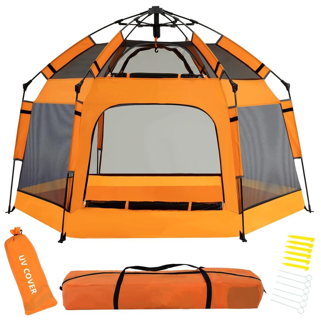 Instant Pop Up Baby Playpen with UV Canopy & Safety Lock, Portable Outdoor Beach Tent Play Yard for Toddlers, Breathable Mesh & Carry Bag, Indoor & Backyard Use (Orange)