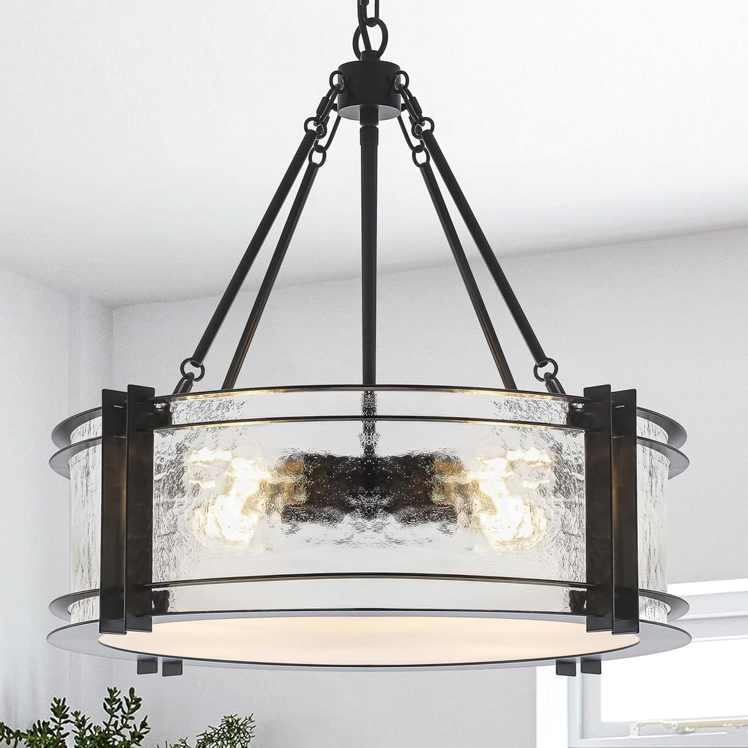 4-Light Black Texture Glass Drum Chandelier, 20.5" Modern Round Light Fixture for Dining Room Bedroom Foyer Living Room Entryway Kitchen