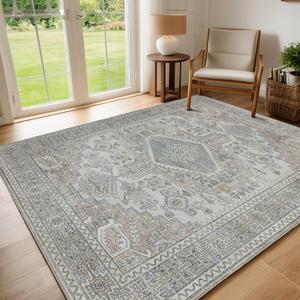 Machine Washable Rugs 8x10 Area Rugs for Living Room,Ultra Soft Low Pile Retro Rugs for Bedroom,Dining Room,Large Non Slip Carpet Vintage Distressed Accent Rug for Farmhouse Office Home Decor (Taupe-grey-brown-beige-light Blue)
