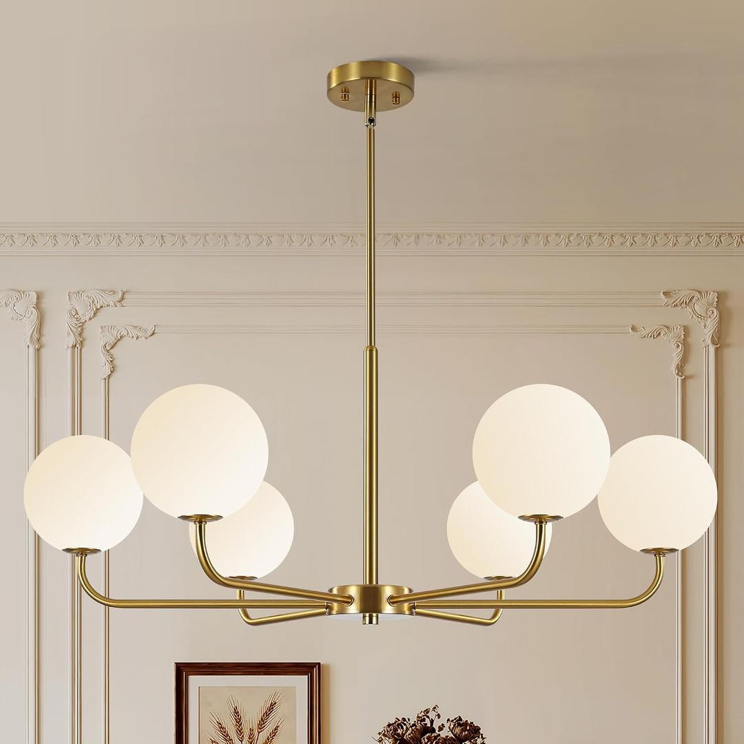 Gold Sputnik Chandelier 6-Light Mid Century Pendant for Dining Room | Mid century gold sputnik chandelier with frosted glass shades, G9 socket, adjustable hanging height for dining, kitchen,