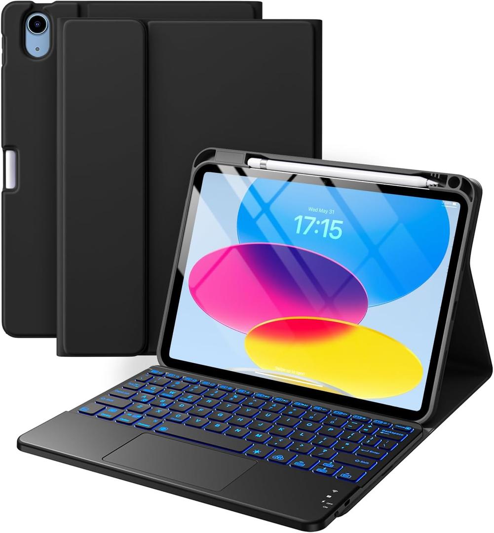 Harvopu Compatible for iPad 11th 10th Generation Case with Keyboard, Folio Cover with Pencil Holder, Multi-Touch Trackpad, 7 Color Backlit, Detachable Keyboard for iPad (A16) 11th/10th Gen (Black)