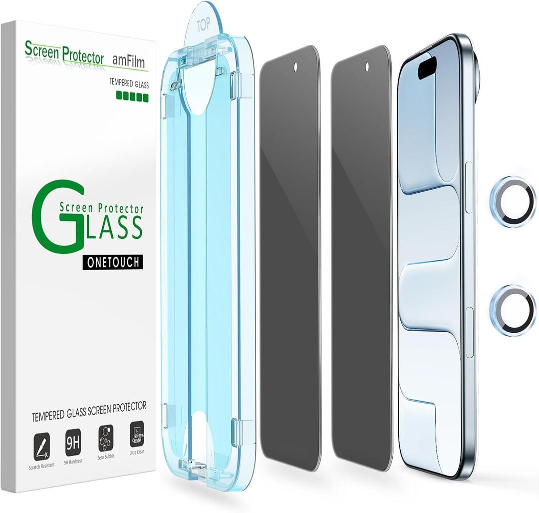 2 x amFilm OneTouch Privacy Screen Protector for iPhone Air 17 6.5'' + Camera Lens Protector | Auto-Alignment Install | Bubble Free | 9H Tempered Glass | Shatterproof | FHD Clarity | Case Friendly | 2+2 Pack