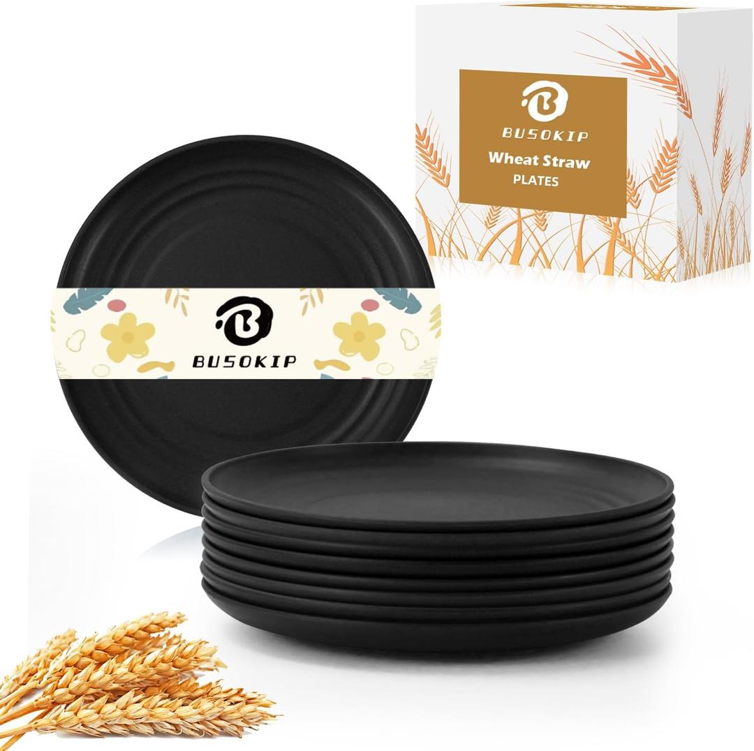 6 Inch Dessert Plates Set of 8, Unbreakable Wheat Straw Plate Appetizer Plates, Plastic Plates Reusable, Microwave & Dishwasher Safe Mini Plate for Kitchen (Black)