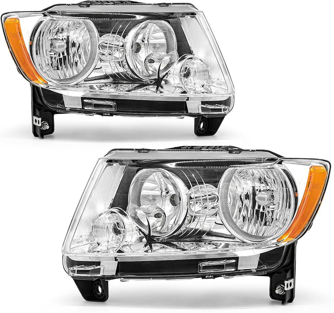 Headlight Assembly Compatible with 2011 2012 2013 Jeep Grand Cherokee Headlamp Replacement for 2011-2017 Jeep Compass Clear Lens Chrome Housing Amber Reflector Left & Right Pair