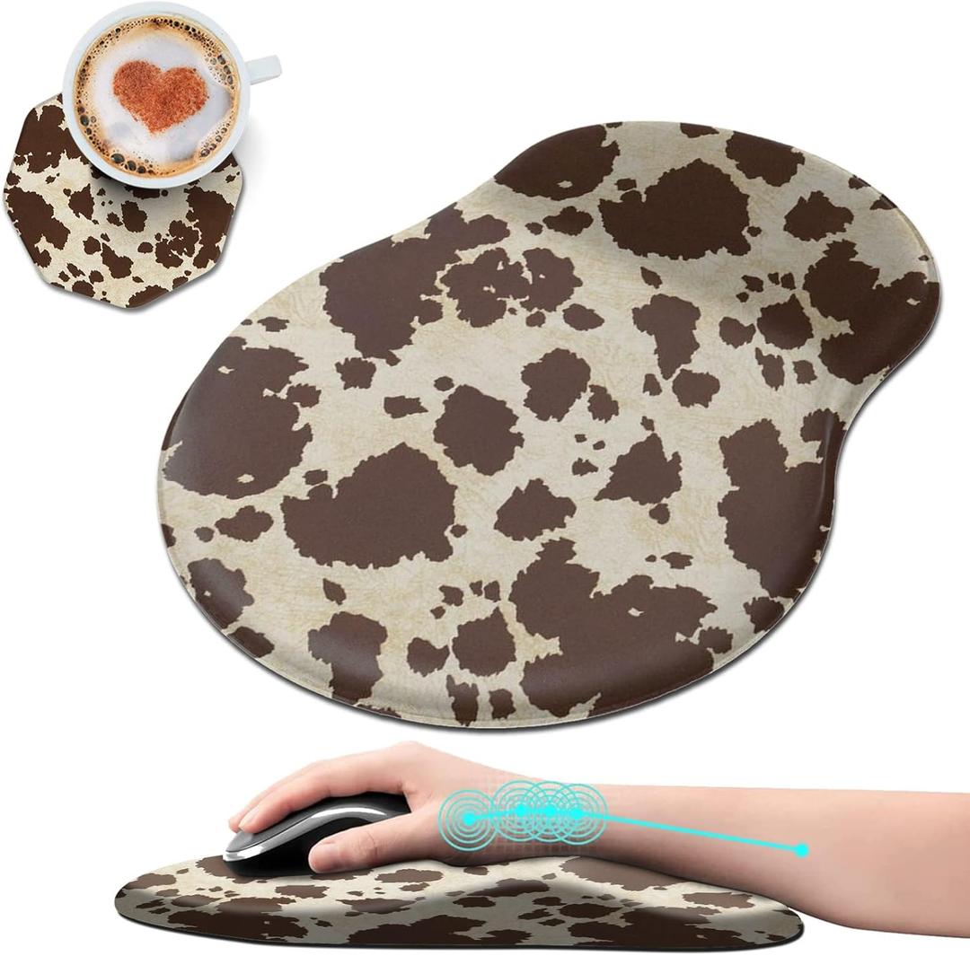 Ergonomic Mouse Pad with Wrist Rest Support + Cup Coasters,Thick Mousepad Relief Carpal Tunnel Pain, Mouse Pad with Non-Slip PU Base, Computer Mouse Pads for Wireless Mouse,Brown Cow Print Pattern