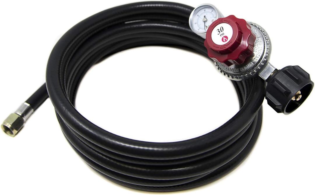 GasOne Gauge Universal QCC1 Gas Grill, Heater Fire Pit, 3/8" Female Flare Nut 12 ft Propane Hose and Regulator High Pressure 0-30PSI with PSI, 1 Count (Pack of 1)