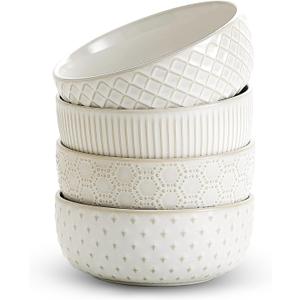 26oz Ceramic Cereal Bowls, Embossed Cereal bowls Set of 4, Large Soup Bowls Wide Anti-Slip Base, Dishwasher & Microwave Safe, 6 inch Stoneware Soup Bowls, Housewarming Gift, Arctic white