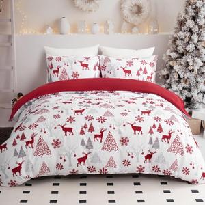 Drucon Christmas Duvet Cover Set King Reindeer Snowflakes Bedding Set Soft Microfiber Duvet Cover with 2 Pillowcases for Home Decoration (Red)