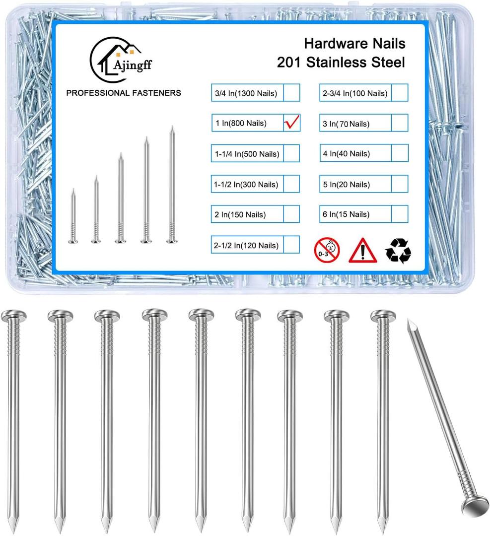 800pcs Galvanized Steel Hardware Nails with Storage Box, 1 Inch Flat Head Nails for Hanging Pictures and Woodworking, Picture Hanging Nails, Small Nails, Wall Nails, Wood Nails, Finishing Nails