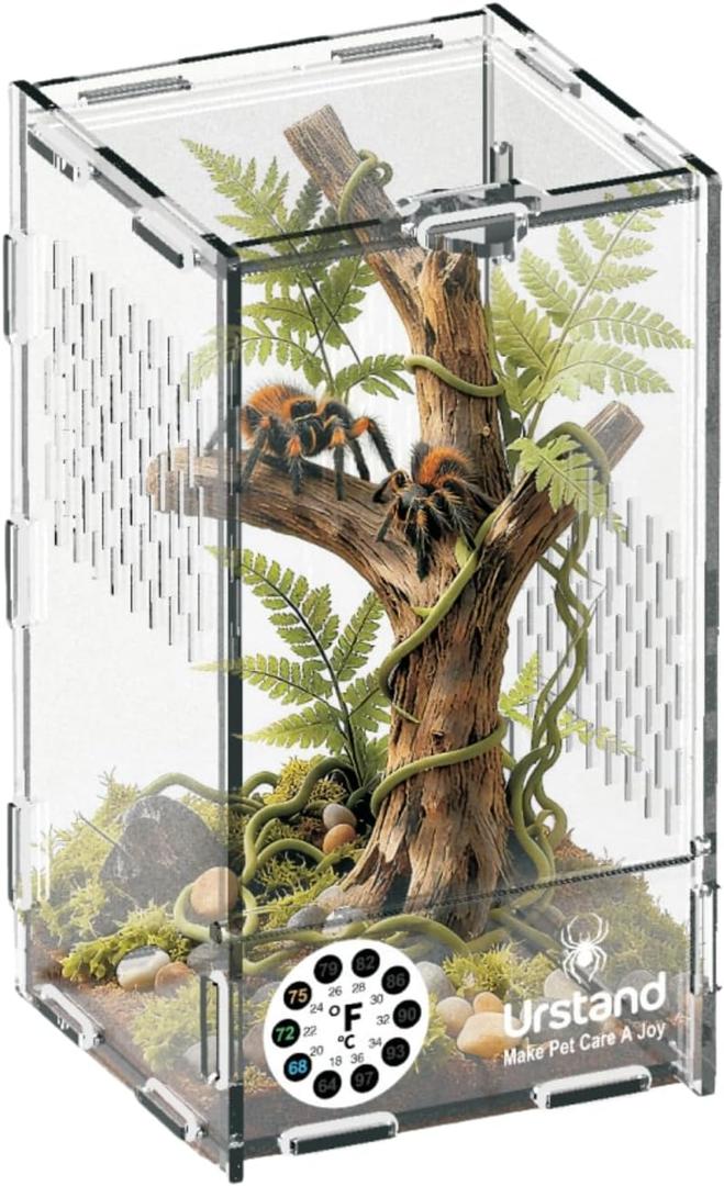 Jumping Spider Enclosure, Front-Opening Acrylic Spider Terrarium with Magnetic Door,Laser-Cut Biomimetic Ventilation System, Escape-Proof for Feeder Insects (4.3"x4.3"x7.8")