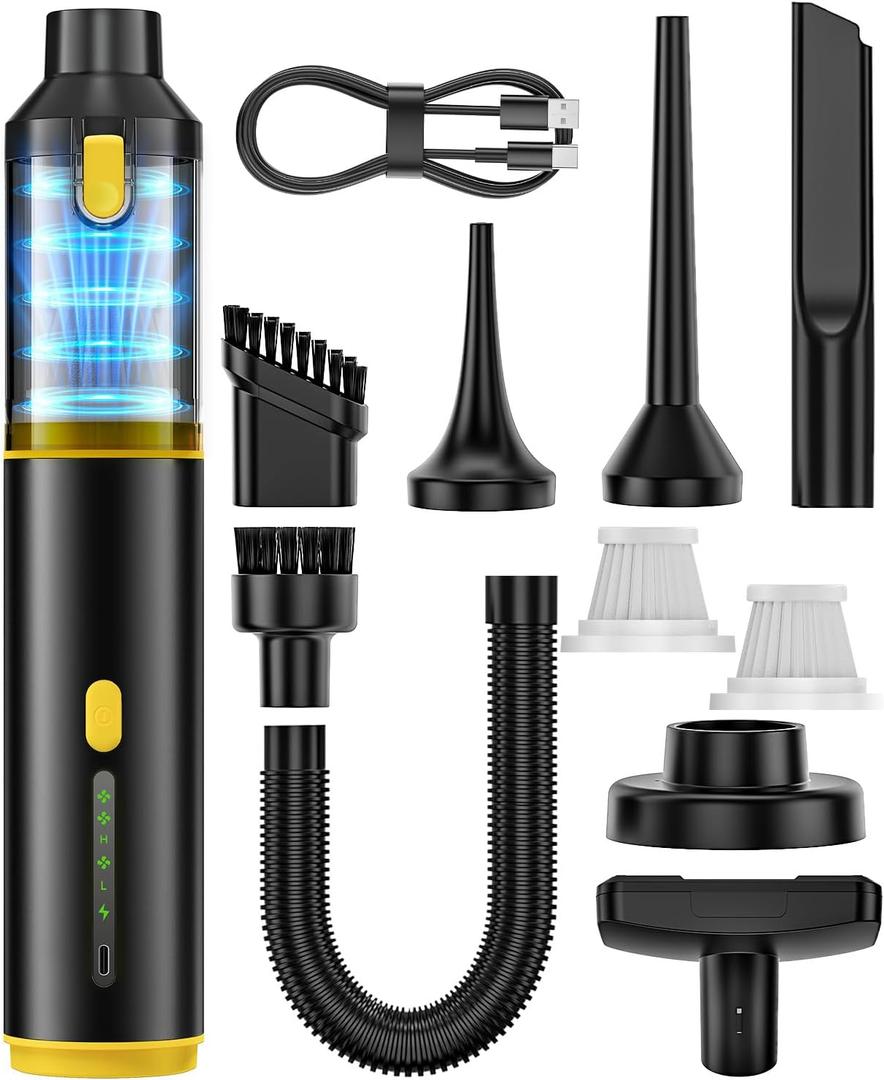 Car Vacuum Portable Cordless Handheld Vacuum Cleaner 4-in-1 Mini Cordless Vacuum with 2 Suction Modes and 16800pa Suction Power Blowing & Inflating 2 Modes Handheld Vacuum for Car, Desk, Keyboards (Yellow)