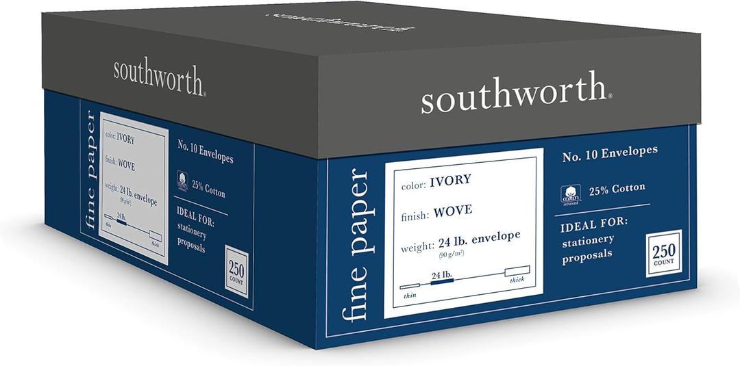 Southworth J404I10 25% Cotton #10 Business Envelope Ivory 24 lbs. Wove 250/Box FSC