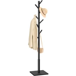 Yawinhe Coat Rack, Sturdy Woode Stand Tree with 8 Hooks, 3 Adjustable Height for Bedroom, Hallway, Entrance, Office, 11.8 x 70.8 inches, Black, 1-Pack, Square Base