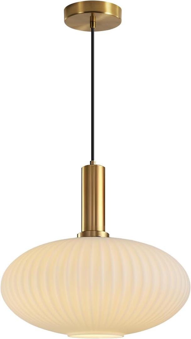 KCO Lighting Large Milk Glass Pendant Lighting Kitchen Island Brushed Brass Globe Pendant Light Mid Century Modern Hanging Light Fixture Gold White Pendant Light (30cm)