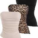 WDIRARA Women's 3 Pack Leopard Print Ruched Strapless Tube Top Asymmetrical Lettuce Trim Bandeau Tops