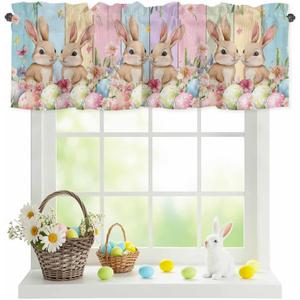Easter Valances Curtain Bunny Spring Floral Kitchen Curtains Easter Eggs Colorful Wood Window Valance Topper Curtain Window Treatment for Spring Holiday Living Room Bedroom Decor, 1 Panel 54x18 Inch