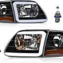 PIT66 LED DRL Headlights Assembly w/Corner Parking Lights Fit 1997-2003 Ford F150 /2004 F150 Heritage /98-99 F250 /97-02 Expedition Black Housing Amber Reflector