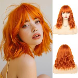 NAYOO Burnt Orange Bob Wig with Bangs for Women, 14 Inch Short Curly Synthetic Wig, Glueless Middle Part Natural Looking Copper Orange Hair for Daily Wear Party Halloween